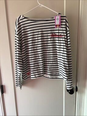 Old Navy Black and White Striped Long-Sleeve Top with Red Script